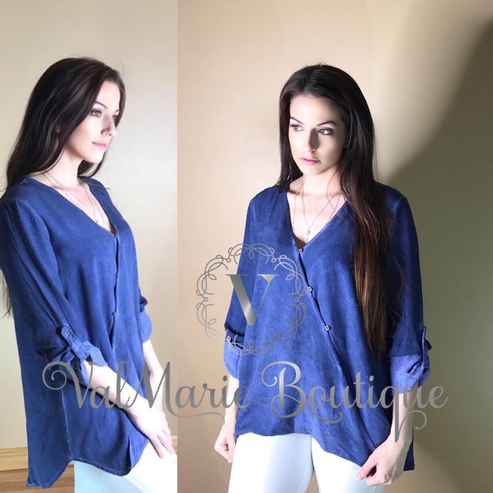 Denim Colored Surplice Button Blouse - Picture 3 of 7
